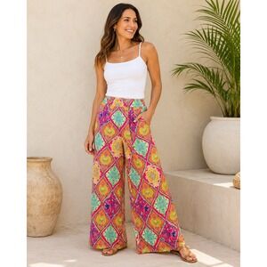 Flying Tomato Womens Pink Multi Medallion Paisley Print Wide Leg Boho Pants M